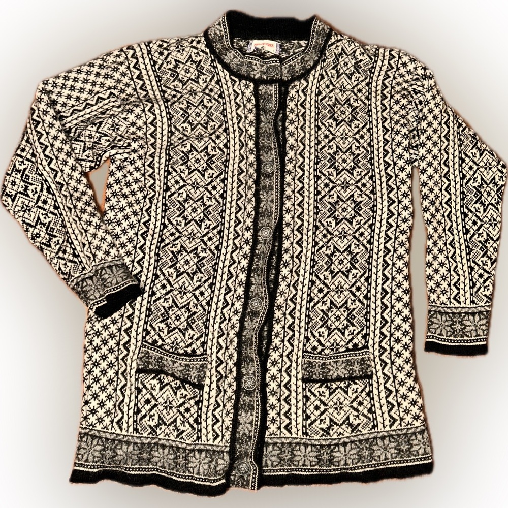 Norwear Icelandic Pure New Wool Vintage Scandinavian Black White Cardigan L